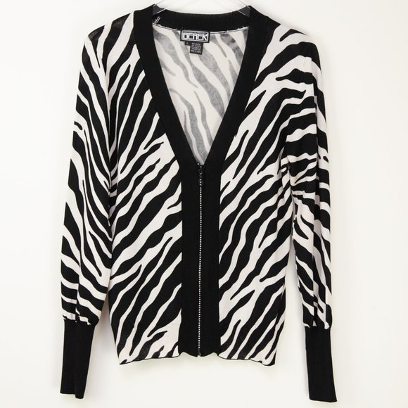 Berek Knit Cardigan Sweater Zebra Animal V-Neck Rhinestone Black White Sz Large - Picture 1 of 8